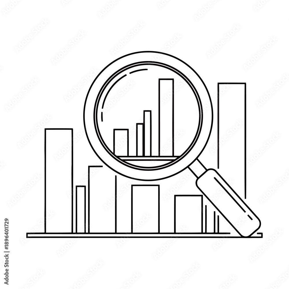 Obraz premium Business analysis concept with magnifying glass over bar chart symbolizing data examination and research for market trends and statistics