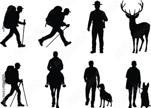 Collection of outdoor adventure silhouettes including hikers, hunter, horseback rider, walking man with dog and deer, isolated black figures on white background