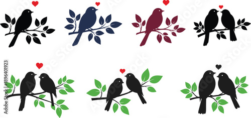 love birds couple romance heart nature branch spring valentine wedding silhouette vector illustration