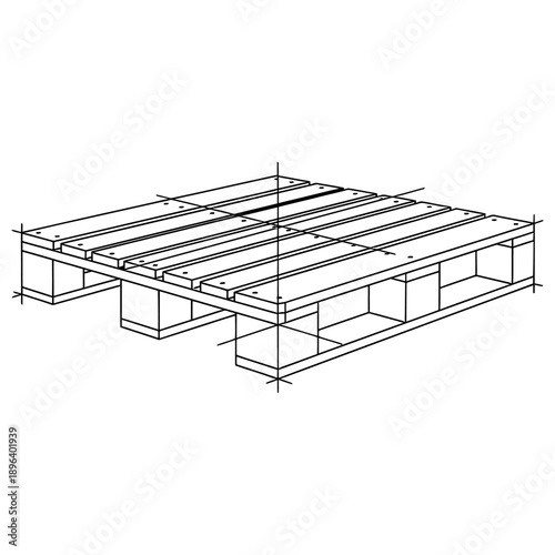 Detailed technical drawing of wooden pallet with isometric perspective and dimensional lines on white background