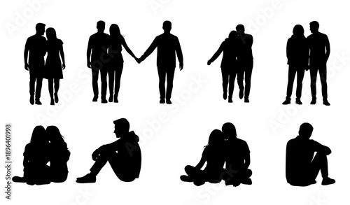 Minimal couple silhouette pose vector set isolated on white