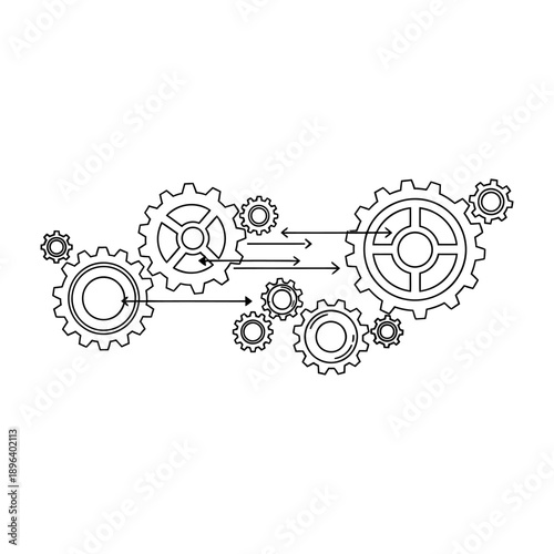 Mechanical gears interlocking in a seamless process depicting motion and engineering precision with intricate teeth and circular shapes in a minimalist black and white vector style