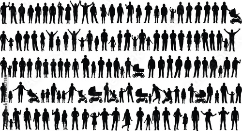 people silhouettes family crowd parents children adults group standing walking parenting lifestyle vector illustration