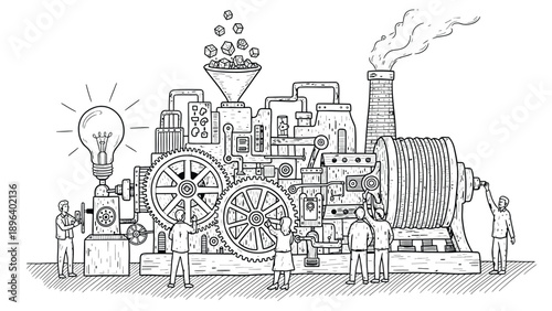 Illustration of a whimsical, complex machine with gears, a light bulb, and a smokestack. People interact with various parts, evoking innovation.