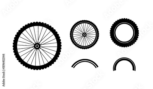 Bicycle wheel vector icon set with bike tyre silhouettes isolated on white background