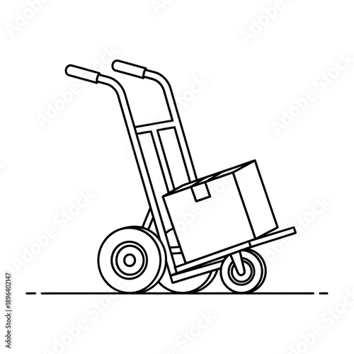 Hand truck carrying a cardboard box for transportation or delivery on a minimalist background