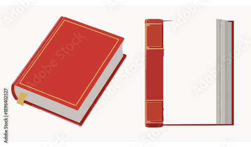 3D hardcover book mockup with red cover and gold details isolated on white background