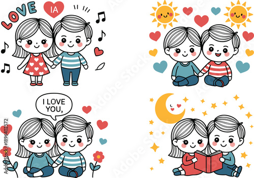 Cute cartoon boy and girl in love illustration set showing romantic moments, friendship, childhood affection, valentines theme, playful doodle style characters for kids design