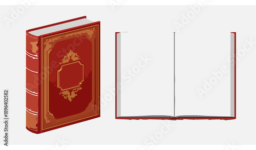 Realistic 3D red hardcover book mockup with blank pages and golden ornamentation