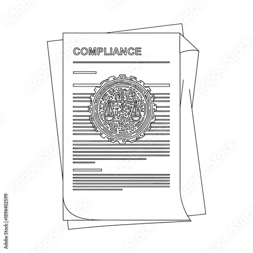 Compliance documents stacked neatly with official stamp and text professional business concept black and white illustration corporate governance and adherence to regulations theme