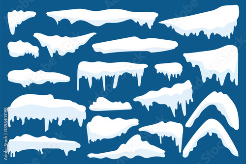 Winter Icicles and Snow Caps Illustration Vector. Snow caps, snowy ice and frozen icicles, vector cartoon icons, isolated on transparent background. Winter season background. Cold new year, christmas