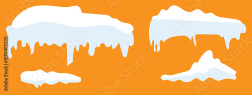 Collection of cartoon snow caps and icicles in a simple, flat design. Set with various frozen snow and ice elements, perfect for decorating roofs, text, or frames for a winter theme