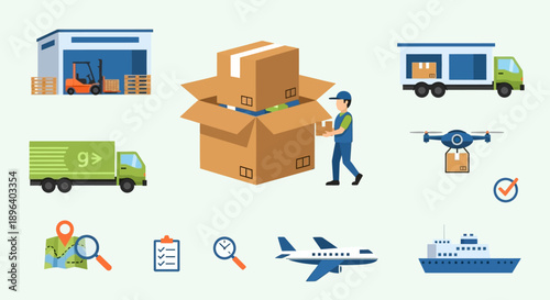 3D illustration of a brown cardboard box and delivery truck icon set for shipping, warehouse cargo, and professional transportation service