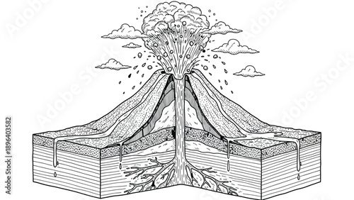 Cross-section illustration of an erupting volcano. Magma chambers, lava flow, and smoke are shown. Adds an educational and dynamic tone.