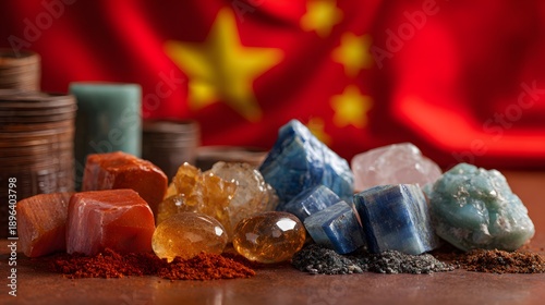 Rare earth minerals and colorful crystal gemstones displayed with China flag symbolizing global resources