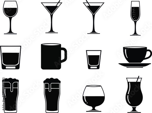 A collection of various drink glasses and cups in silhouette mode