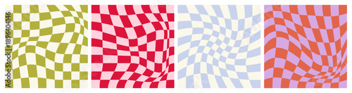 Abstract checkered backgrounds. Groovy warped twisted patterns with optical illusion chessboard grid, retro psychedelic mosaic squares with swirl tiles trendy y2k style. Vector set