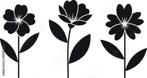 A minimalist illustration of three black flower silhouettes against a white background