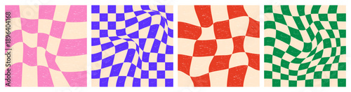 Square checker board backgrounds. Groovy chess grid patterns with colorful tiles, abstract geometric mosaic checkerboard squares y2k style. Vector set