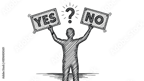 Sketch of a silhouetted person holding "YES" and "NO" signs, with a question mark overhead. The image suggests decision-making or uncertainty.
