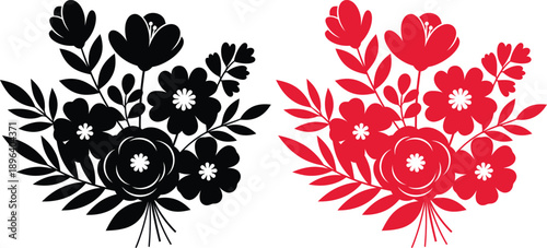 A colorful floral design featuring red and black bouquets of flowers in silhouette mode