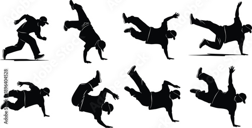 A man in various dynamic breakdancing poses in silhouette against a white background