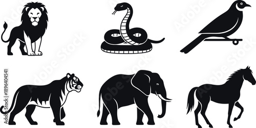 A collection of animal silhouettes including a lion, snake, bird, tiger, elephant, and horse in silhouette mode