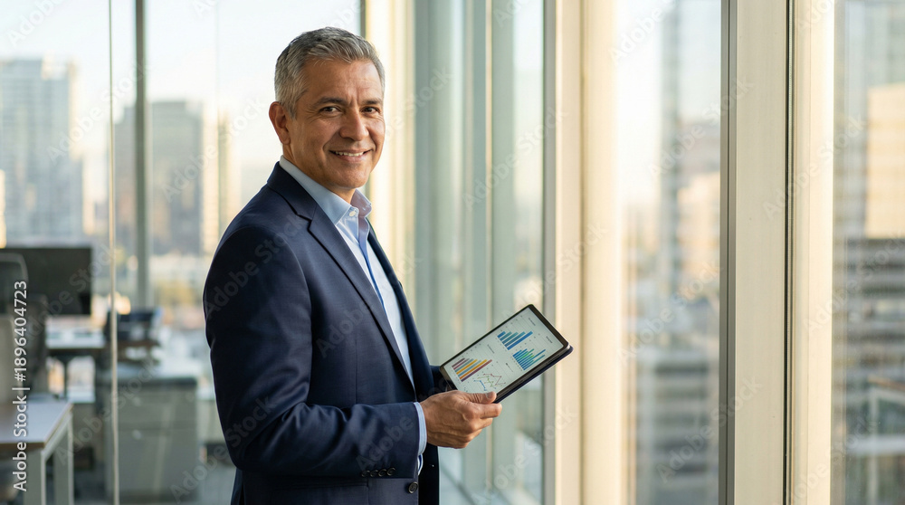 Fototapeta premium Leadership concept with business man using tab with man, person, technology, business, businessman, office, tablet