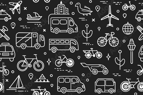 Black background with white of various vehicles and travel related symbols vehicles travel seamless pattern