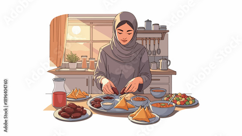 A woman wearing a hijab preparing traditional food in a kitchen during ramadan with various dishes on the table.