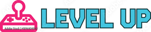 Retro video game controller icon with 'LEVEL UP' text, vector graphic for gaming banner or poster, isolated on transparent background, png