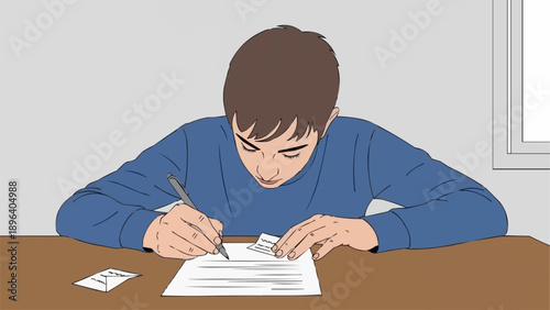 Young boy focused on writing and erasing on paper at desk.