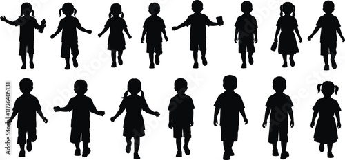A group of happy children in silhouette mode running and playing together outdoors