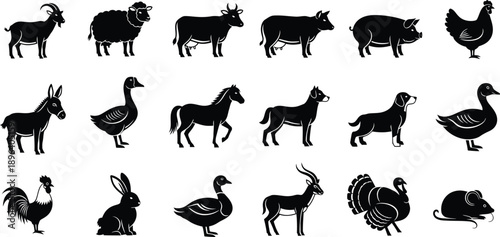 A collection of animal silhouettes against a white background, featuring various farm and wildlife creatures in black silhouette mode