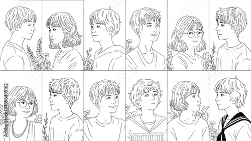 Hand drawn children portrait collection in blue line art style showing diverse boys and girls faces, creative character illustration set for design, education, and storytelling projects