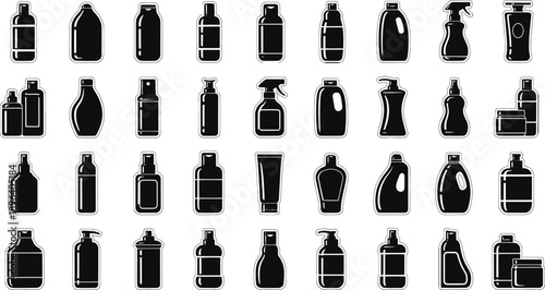 A silhouette of various cleaning product bottles and sprayers on a white background silhouette