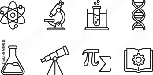 A minimalist collection of science, technology, engineering, and math line icons