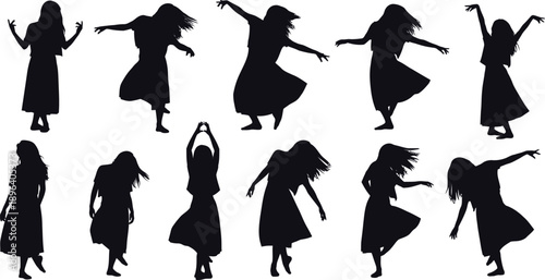 A group of women dancing in various poses in silhouette against a white background