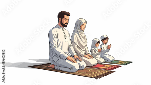 An illustration of a Muslim family in traditional attire praying together on a colorful rug during Ramadan in a simple composition.