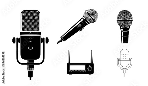 Flat microphone icons for recording, broadcasting, and music projects
