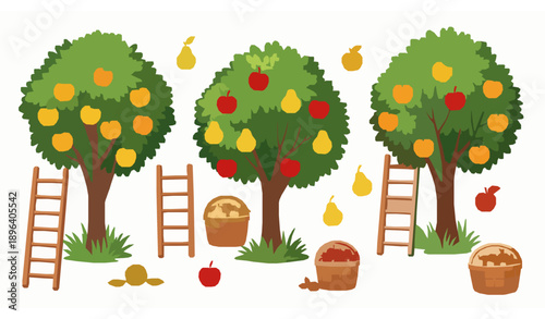 Cartoon farm orchard with ripe apples, pears, and apricots vector set