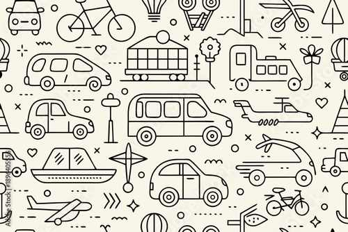 Minimal vehicle seamless pattern on white background with cars, buses, bicycles, airplanes, and other transportation