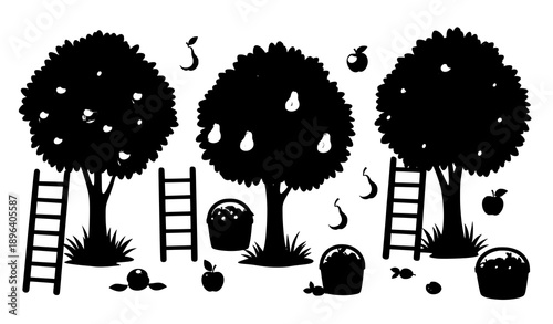 Cartoon farm orchard with ripe apples, pears, and apricots vector set