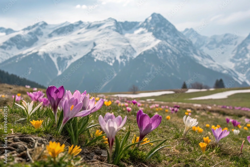 Obraz premium Blooming spring flowers in spring at the background of snow mountains