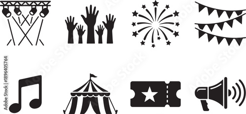 A collection of black icons representing different elements of an event or celebration, isolated on a white background