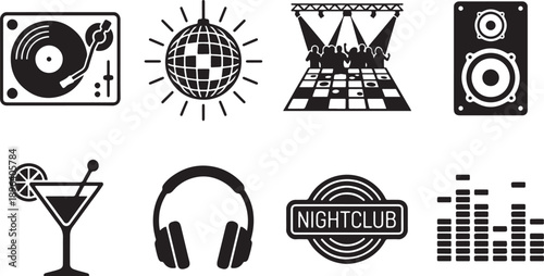 Nightclub and party vector icons set including disco ball, dj equipment, and dancers