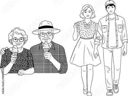 Line art illustration of elderly couple eating ice cream and young couple walking together, showing generations, relationships, lifestyle, family bonding, minimal outline style