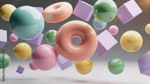 Abstract geometric shapes floating with soft lighting in a studio setting