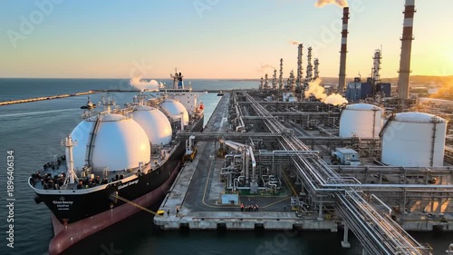 Aerial view of LNG tanker docked at industrial port with refinery at sunset
