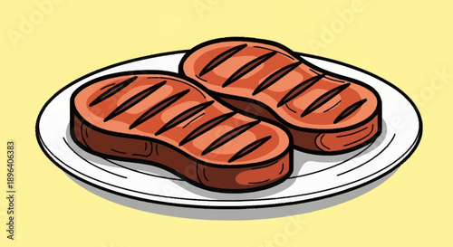 Two grilled steaks on a white plate with yellow background.